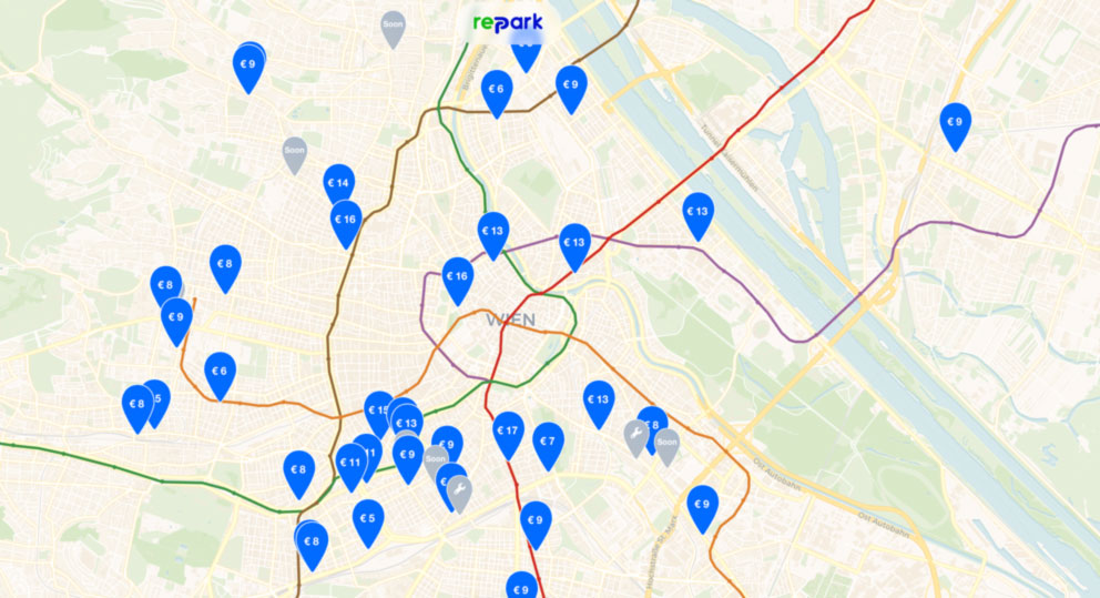 Map view of the Repark web app showing parking locations across Vienna