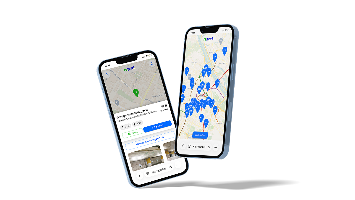 The Repark web app on two smartphones: the map of Vienna locations and a garage detail view with its booking button