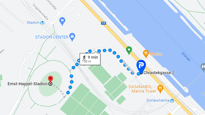 Vom Parkplatz sind es nur 9 Min. bis zum Ernst-Happel-Stadion