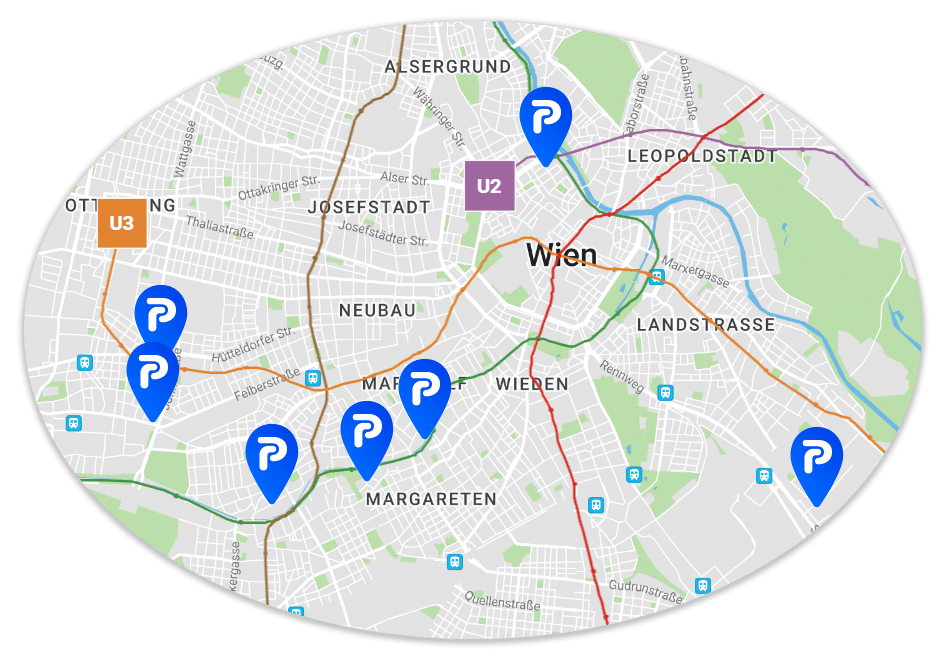 Eine Karte von Wien, die einige Repark-Standorte zeigt.